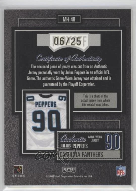 2003 Playoff Hogg Heaven Material Hoggs Gold /25 Julius Peppers #MH-40 HOF - Image 2 of 2