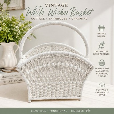 Vintage White Wicker Basket Magazine Rack Cottage Farmhouse Decor Large Handle