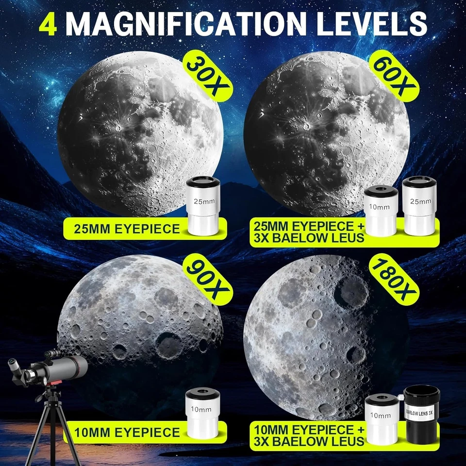 Telescopio de astronomía para adultos de alta potencia: 90 mm de apertura 600 mm con trípode Foto 4 de 4