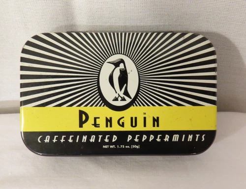 Vintage 1998 Penguin Caffeinated Peppermints Empty Hinged Container Tin