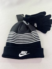 NIKE Boys Youth Black Gray Striped Knit Beanie Hat Gloves Gift Set One Size