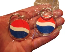 (2) Vintage Pepsi Cola Soda Advertising Logo Round Keychains Sealed Unused Nice!