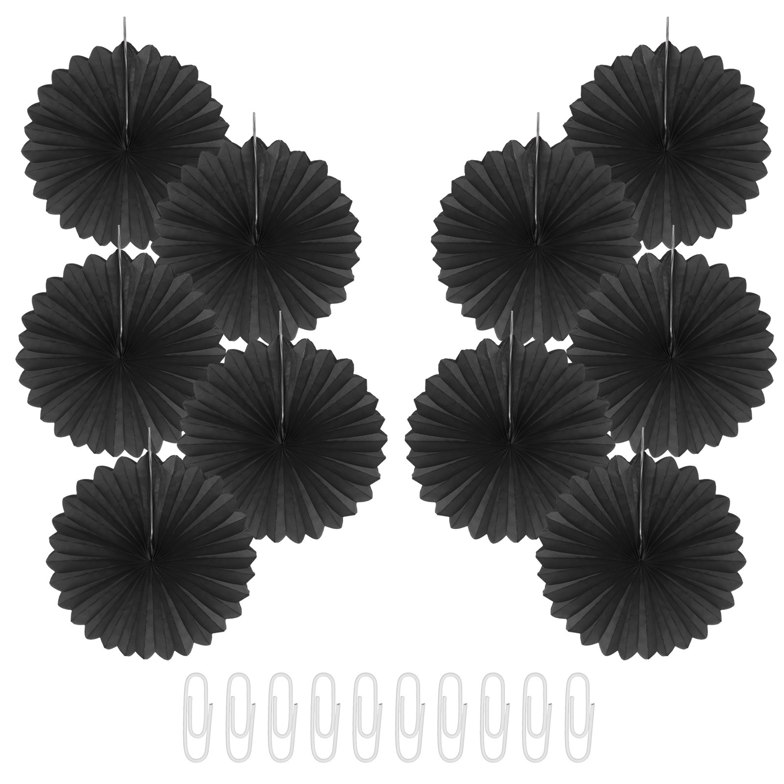 10 Abanicos de Papel Negros Colgantes para Decoración, 8" con Clip