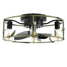 19" Industrial Caged Ceiling Fan Light Kit Flush Mount Green Fixture with Remote
