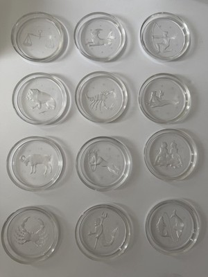 Vintage Val Saint Lambert Crystal Zodiac Coasters Signed VSL Complete 12 Set +2