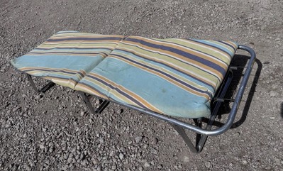Vtg Aluminum Cot Folding Beach/Camping Bed Original Stripped Cushion