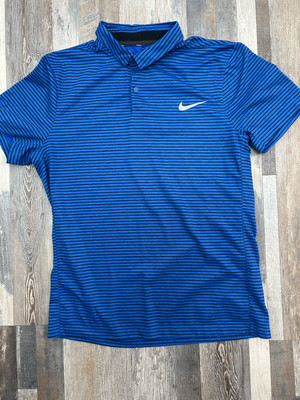 Nike Golf Polo Shirt Mens Medium Modern Fit Blue Black Stripe Dri Fit Snap