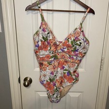 Kona Sol Womens Floral One Piece Swimsuit Orange White Crochet Trim Large