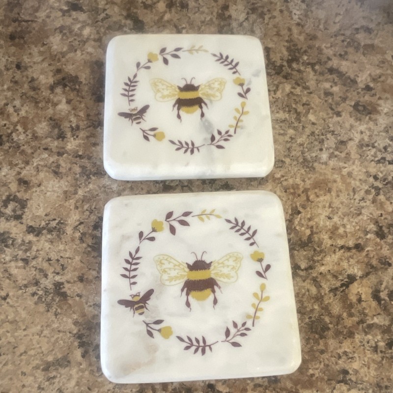Ceramic Bee Floral Wreath Square Coaster Set, 2pc, Stain/Water Resistant