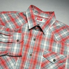 Wrangler Button Down Shirt Men L Red Blue Plaid Long Sleeve