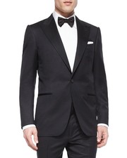  3,995 ZEGNA - "MICROSPHERE" Solid Black Wool Peak Lapel Tuxedo - 50R