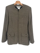 Carlisle Herringbone Wool Womens Blazer Jacket Size 12 Black Beige pockets