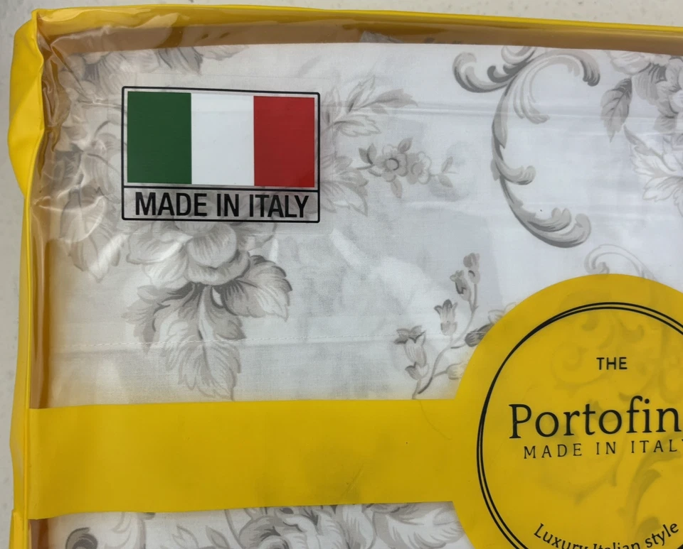 PORTOFINO Italy QUEEN Sheet Set Floral Flowers White Grey - Image 2 of 4