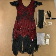 Women's Small Red Black Sequin Fringe Flapper Dress & Accessory Set 9 Pieces New