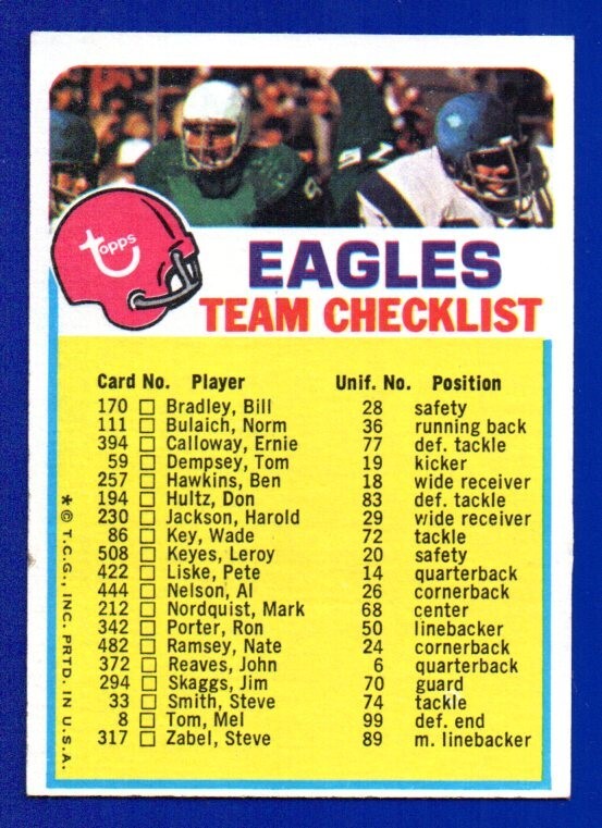 EAGLES 1973 UNMARKED TEAM CHECKLIST VG-EX NICE CORNERS NO