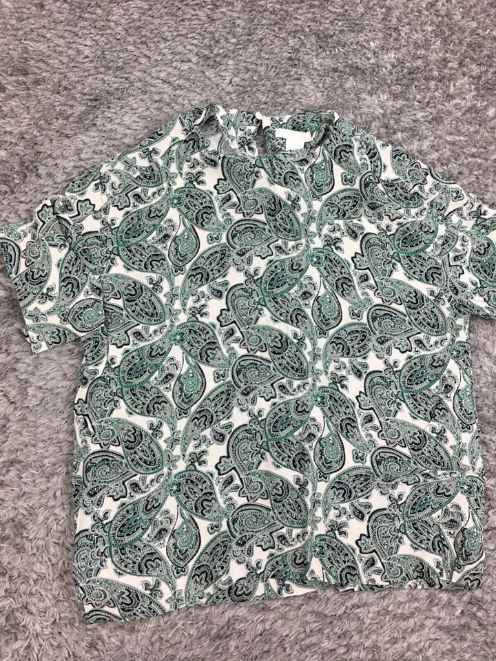 Blusa H&M Top Mujer Talla 4 Verde Blanco Manga Corta Top Paisley Foto 3 de 4