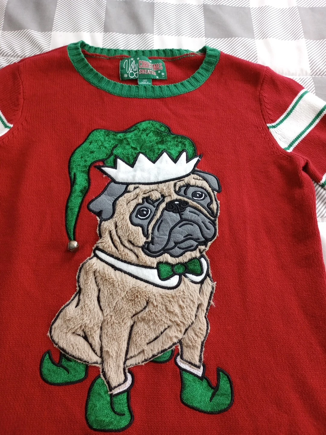 Women's Ugly Christmas Sweater Pug Candy Stripe Small