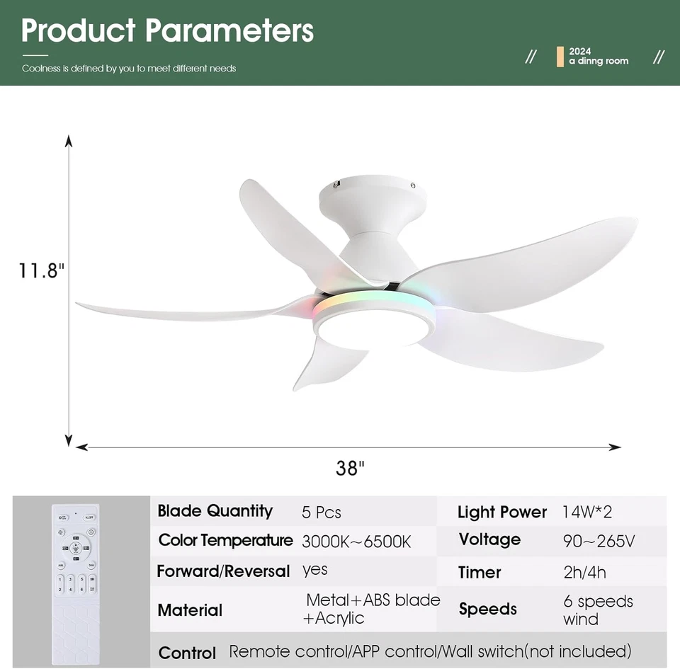 Ceiling Fans with Lights Remote/APP Control, 6 Speeds 5 Reversible Blades, White - Image 3 of 4