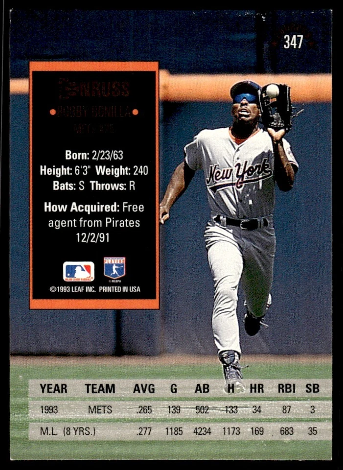 1994 Donruss Baseball Card Bobby Bonilla New York Mets #347 - Image 2 of 2