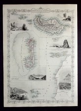 ISOLE ATLANTICHE, MADEIRA, CANARI, mappa antica originale, RAPKIN, TALLIS, 1851