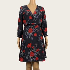 Madewell Size 4 Silk Ruffle Waist Dress Windblown Popppies Floral Navy Blue Red