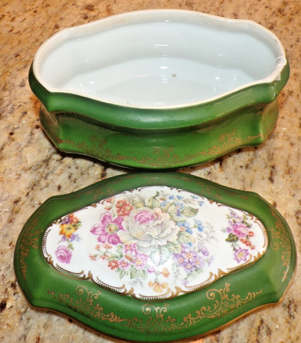 Vintage französische Couleuvre Ligne Limoise grün gold Blumen große Schmuckschatulle - Bild 2 von 7