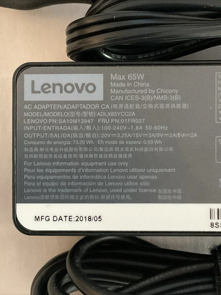 Adaptador de CA Lenovo 65W USB-C de fabricante de equipos originales para P51s P52s E485 E580 T470 X280 TP25 Foto 2 de 4