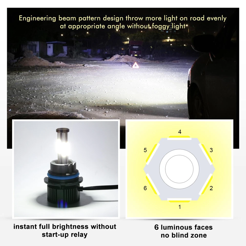 For Chevrolet Equinox 2005-2009 6-sides 9007 LED Headlight High Low Beam Bulbs - Image 3 of 4