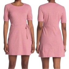 Madewell Crosshatch Short Puff-Sleeve Faux-Wrap Mini Dress Pink Mauve Size Small