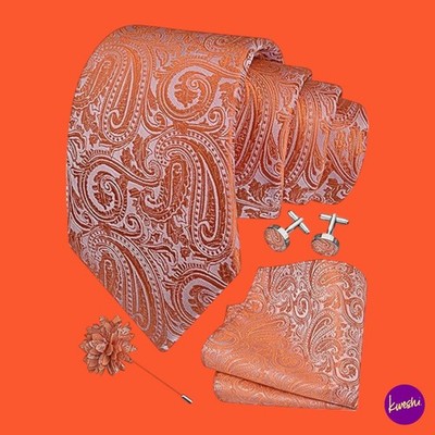 GUSLESON Herren Paisley Seidenmischung Krawatte, Einstecktuch, Manschettenknöpfe Set, Orange