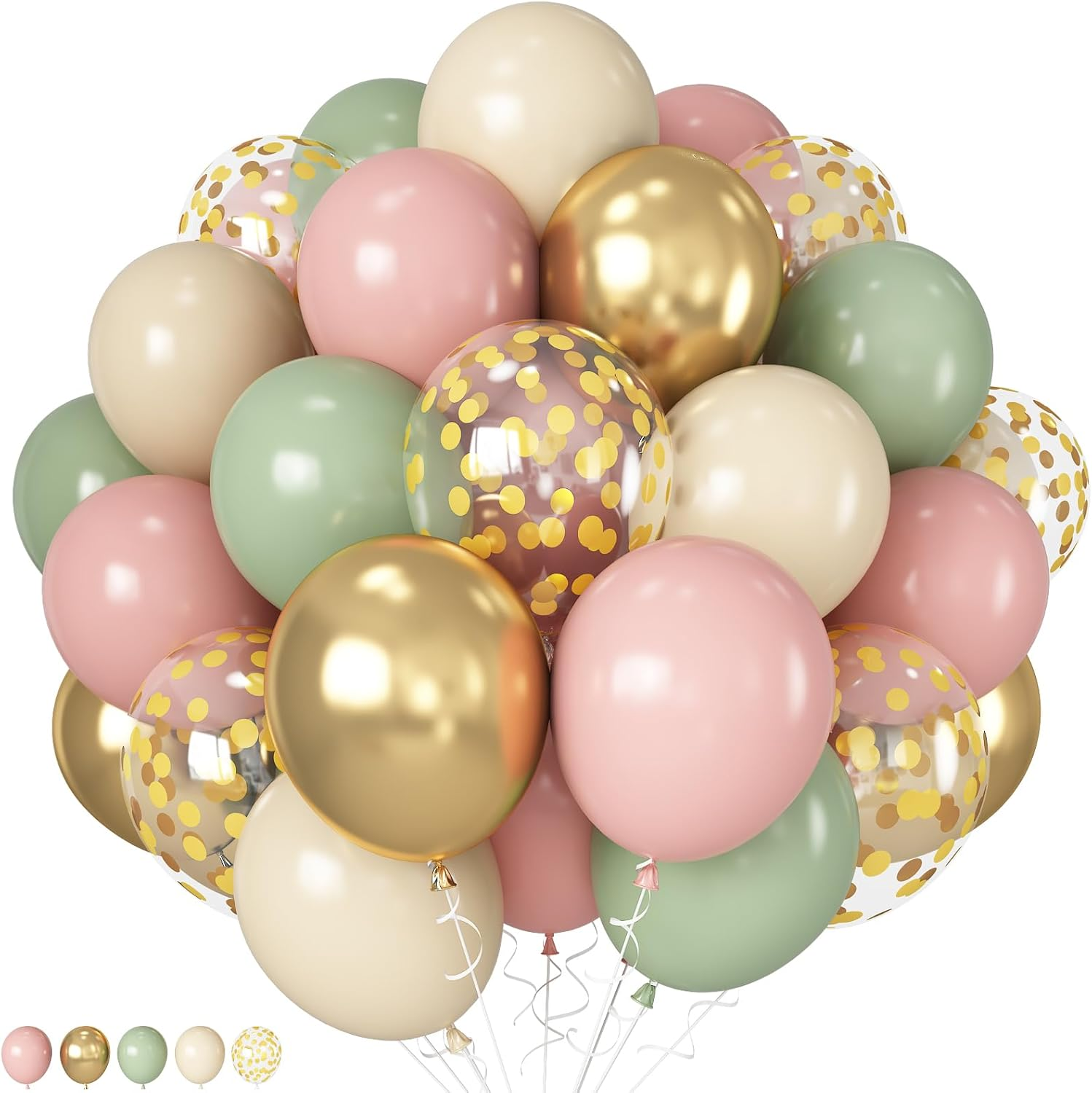 Retro Sage Green Pink Gold Confetti Balloons - Olive Green Gold Pink Birthday Party Decor