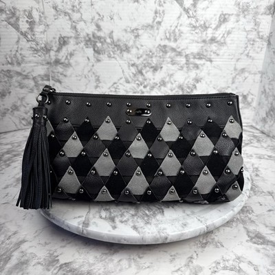 Rafe New York Zip Top Clutch Patchwork Scales Studded Black Gray Leather Tassel