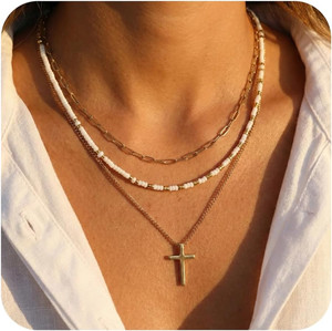 Authentic 14K Gold Plated Necklace for Women Christian,Layered Cross Pendant Necklace Dain