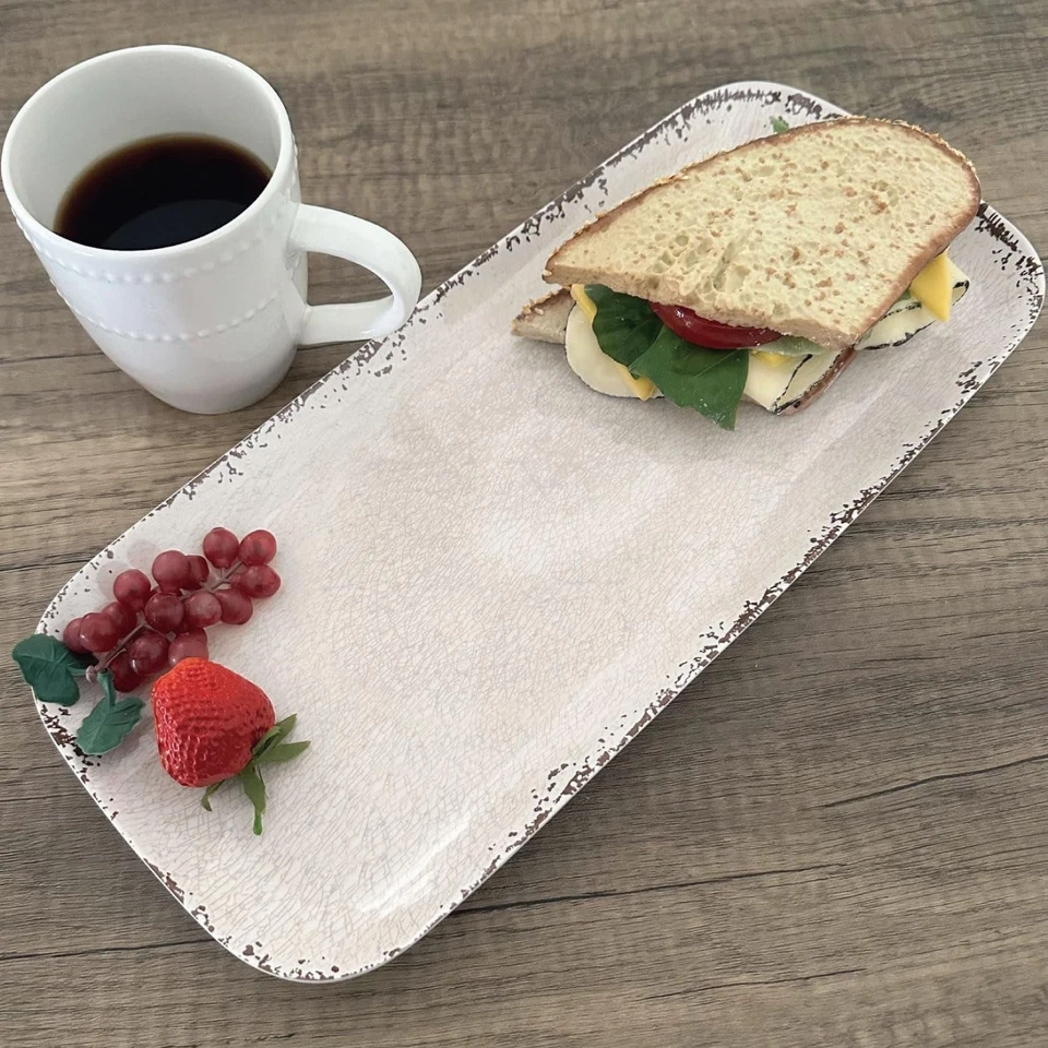 Bandeja para servir rectangular de melamina de 15 pulgadas, bandeja para alimentos sin BPA - crema craquelada Foto 4 de 4