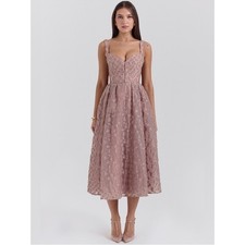 House of CB Lovely French Rose Jacquard Sweetheart Neckline Midi Dress L