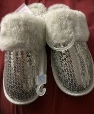 Auden Rae Silver Sequin Scuff Slippers LARGE 9/10 Faux Fur Lined NWT