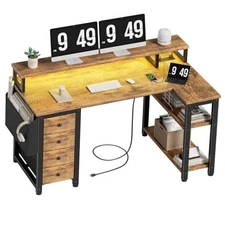  L Shaped Gaming Desk with Led Lights and Power Outlets, 47 Inch Corner Home 