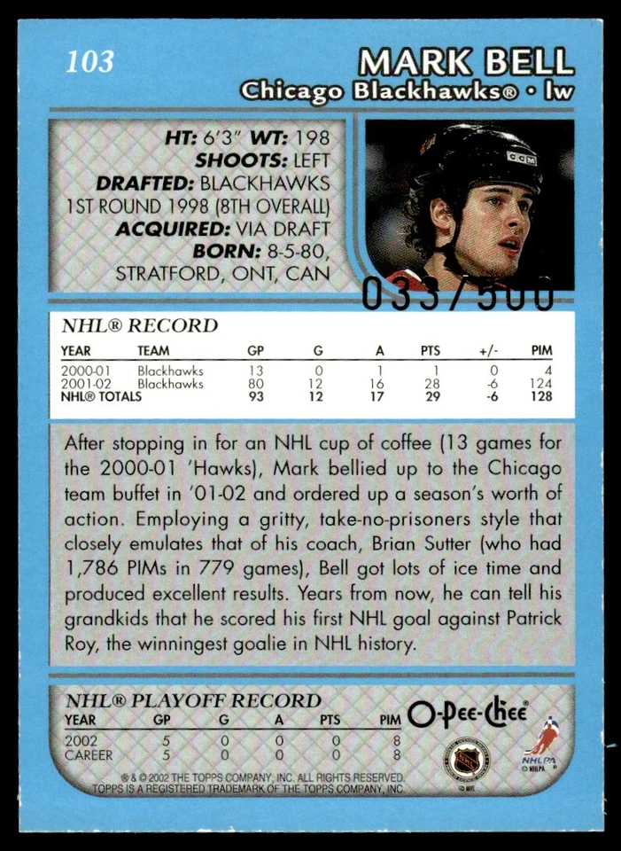 2002-03 Topps O-Pee-Chee Blue Line Mark Bell 033/500 Chicago Blackhawks #103 - Image 2 of 2