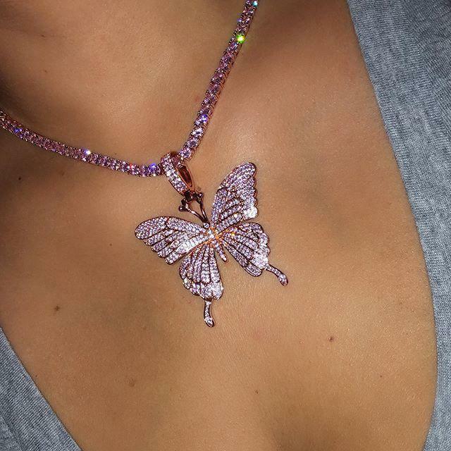 アクセサリー Iced Out Butterfly Tennis Necklace Iced Out Necklace Crystal Butterfly With Tennis Chain Hip
