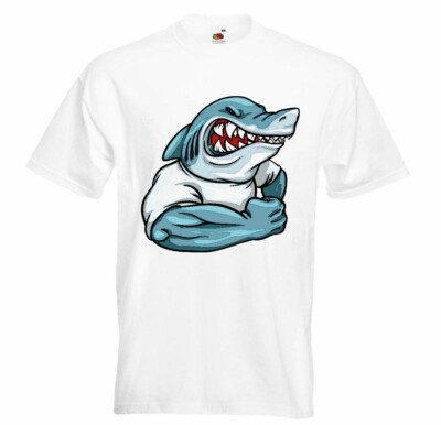 T-Shirt HAIFISCH SHARK IM MUSKELSHIRT HAI HAIFISCH SHARK ATTACK WEIßER HAI