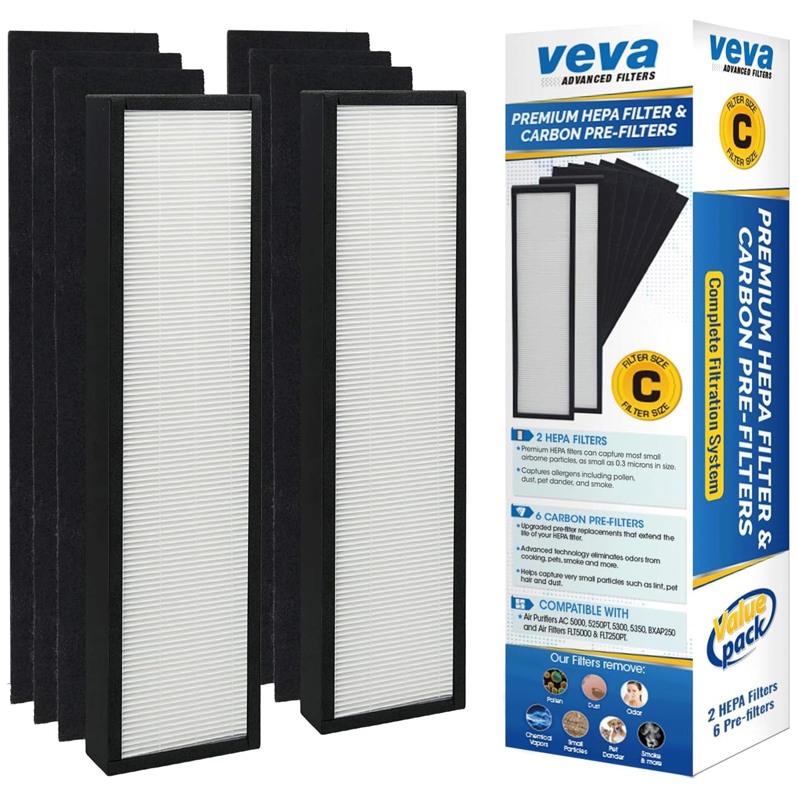 Veva HEPA Filter Replacement Pack with 6 Carbon Pre-Filters - 2 Premium Filters