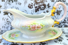 Vintage Porcelain Gravy Boat With Attached Saucer Floral Pattern