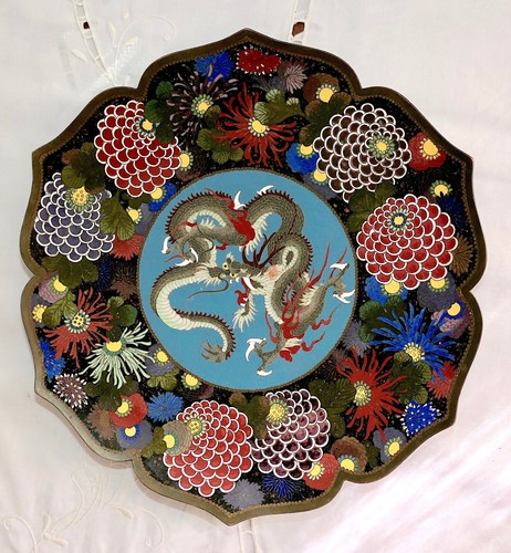 Meiji Japanese Cloisonne Goldstone Enamel Dragon Chrysanthemums Scalloped Plate - Picture 9 of 21