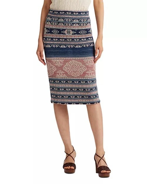 NEW Ralph Lauren Large L Geo-Motif Linen Cotton Pencil Skirt Southwest Tribal