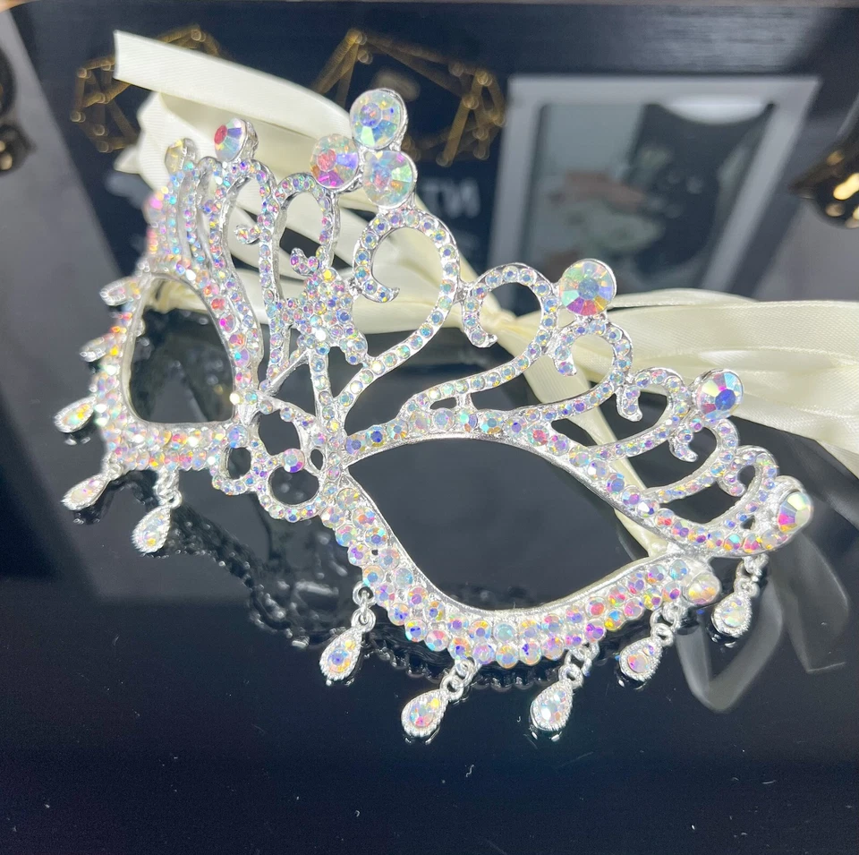 Silver AB Rhinestone Eye Mask, Crystal Masquerade Mask, Mardi Gras Parade, Party - Image 2 of 4