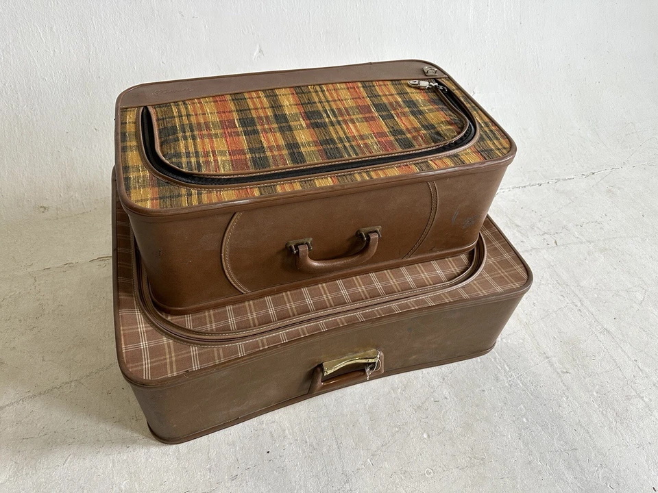 Maleta Equipaje Vintage Cuadros Amarillo Rojo Marrón Estuche Retro Antiguo Mediados de Siglo Foto 2 de 4