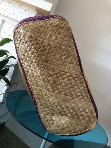 VINTAGE GAP WOVEN PALM JUTE + LEATHER HANDLES TOTE BEACH BAG BOHO - Picture 7 of 10