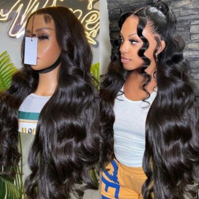 Damen Echthaar Perücken Kleberlos Transparent Full Lace Front Wellig Lange Perücke UK