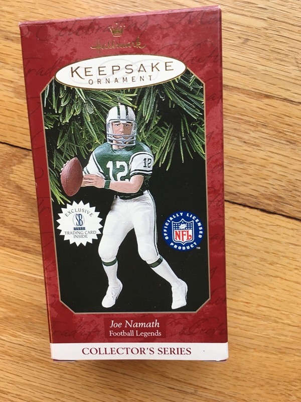 JOE NAMATH 1997 JETS HALLMARK NFL FOOTBALL LEGENDS ORNAMENT & TRADING CARD
