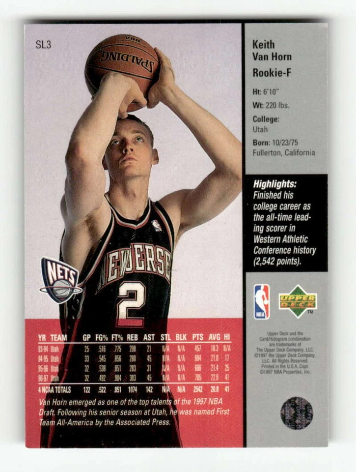 1997 Starting Lineup Card SL3 Keith Van Horn Extended Series sp 02 BXCP41 - Image 2 of 2